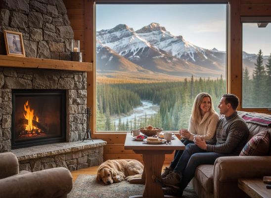 Couple and dog enjoying breakfast in a cozy mountain lodge with a stunning view