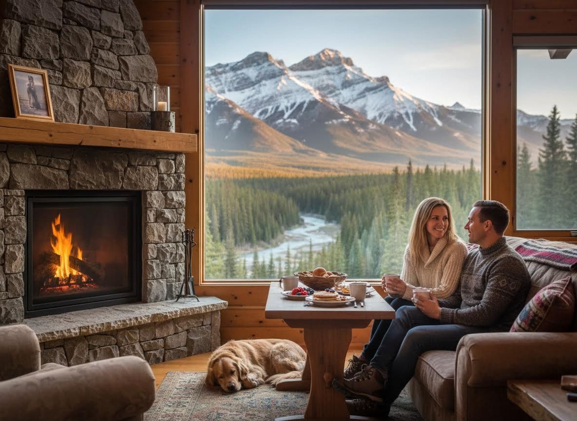 Couple and dog enjoying breakfast in a cozy mountain lodge with a stunning view