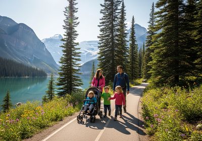 Family Walking Along Lake Louise Path