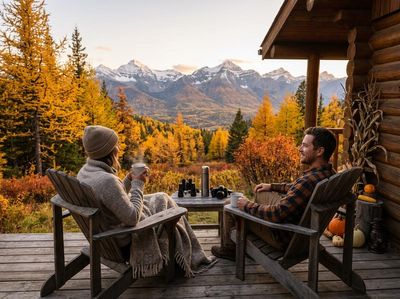 Couple on Log Cabin Porch in Fall Mountains