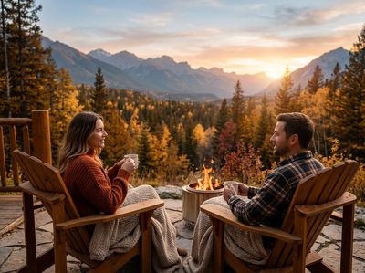 Couple in Adirondack chairs with blankets by a fire pit, enjoying drinks as the sun sets over autumn mountains and forests. Couple by Fire Pit in Autumn Mountain Sunset