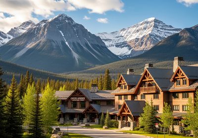 Overlander Mountain Lodge with Snow-Capped Peaks