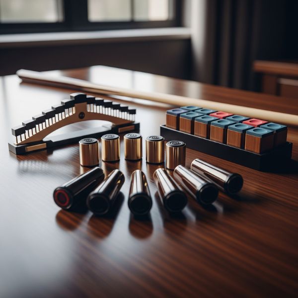 A neat arrangement of high-quality billiard accessories A neat arrangement of high-quality billiard accessories