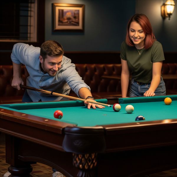 Two people enjoying a friendly game of pool in a well-lit and comfortable room Two people enjoying a friendly game of pool in a well-lit and comfortable room
