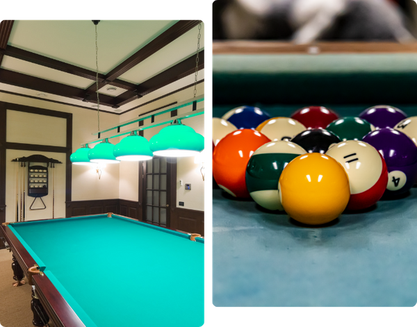 billiard table and pool balls set up