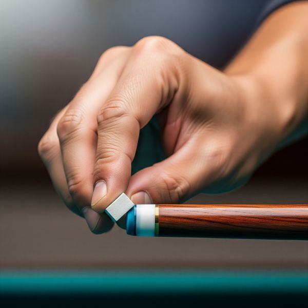 A close-up of a player's hand carefully chalking the tip of a wooden cue stick before a shot. A close-up of a player's hand carefully chalking the tip of a wooden cue stick before a shot.