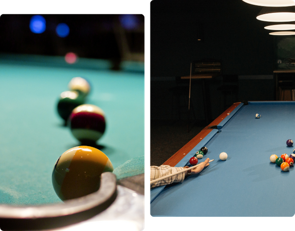 billiard table and pool balls set up