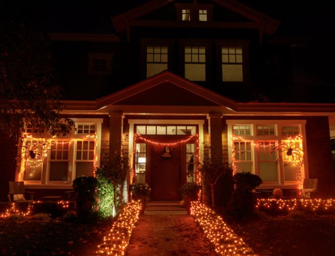 House with Halloween lighting