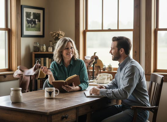 Woman and Man Consulting at a Rustic Table