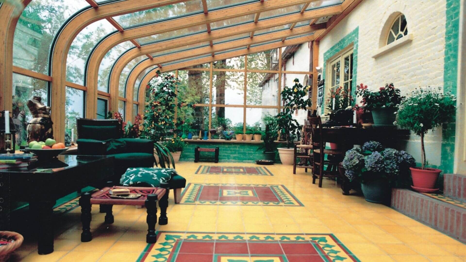interior of a sunroom attached to a home