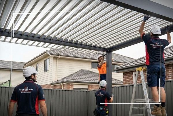 Three professional installers working on the framework of a louvered pergola in a backyard.