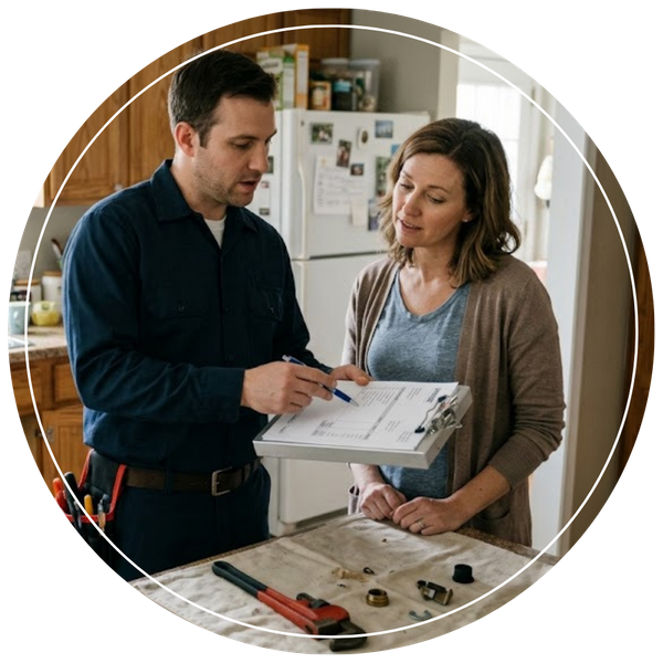 plumber going over an invoice with homeowner