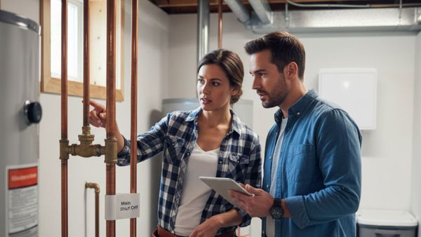 A couple, dressed in casual work attire, points to a main water shut-off valve in a home utility room while holding a tablet.