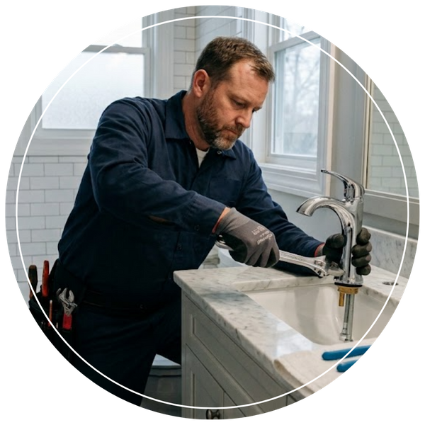 plumber working on new bathroom faucet 