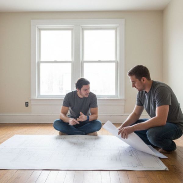 Two male contractors review large blueprints on the floor of an empty room in an older house.