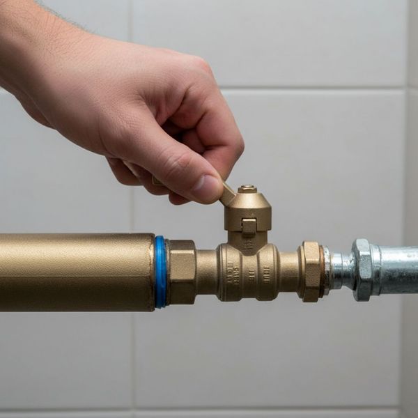 A person's hand is shown turning a brass main water shut-off valve on a pipe against a light tiled background.