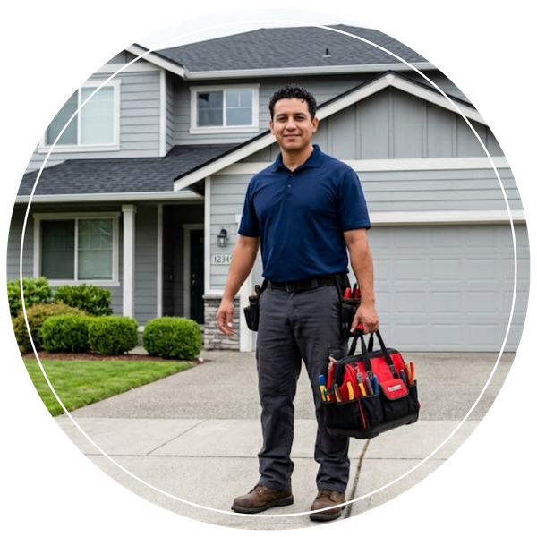 smiling plumber with tool bag outside of home