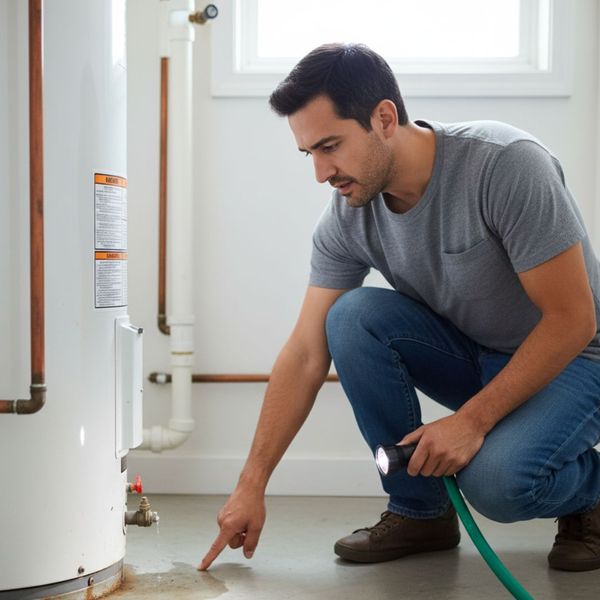 A homeowner kneels, pointing at a small puddle near the base of a water heater while holding a flashlight.