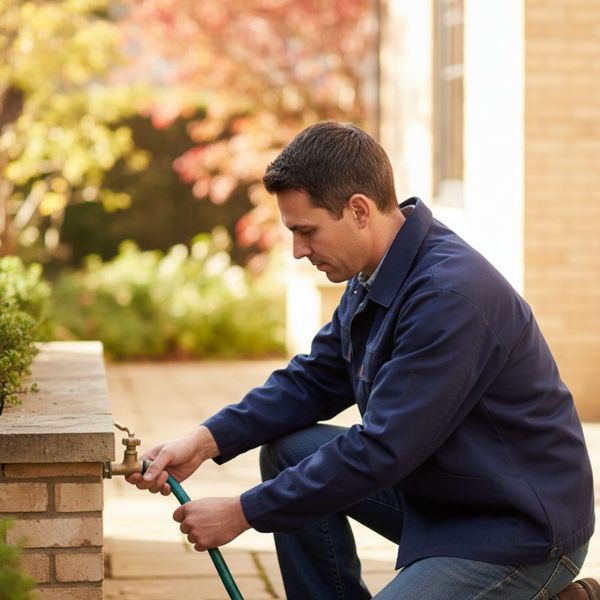 A man kneels outdoors, focused on disconnecting a green garden hose from a brass spigot attached to a stone wall.