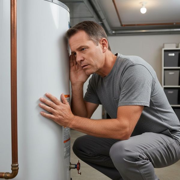 A man crouches and presses his ear against a water heater, listening for unusual sounds.