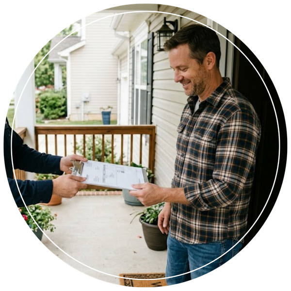 plumber handing a finalized, transparent invoice to a satisfied homeowner on their front porch