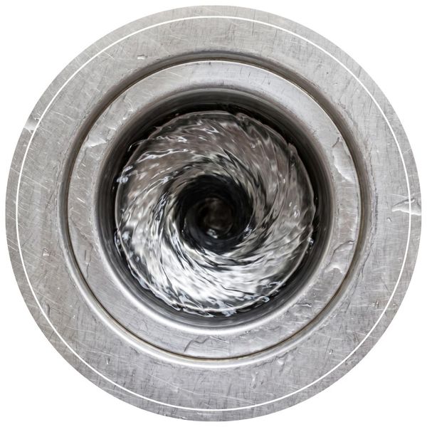 Top-down view looking into a stainless steel kitchen sink as clear water forms a swirling vortex while draining.