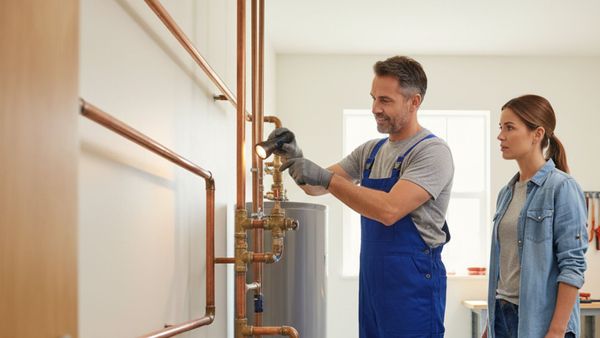 A plumber uses a flashlight to examine pipes connected to a water heater while a female homeowner observes.