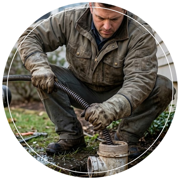 heavy-duty rooter cable being guided into an exterior cleanout valve by a skilled technician
