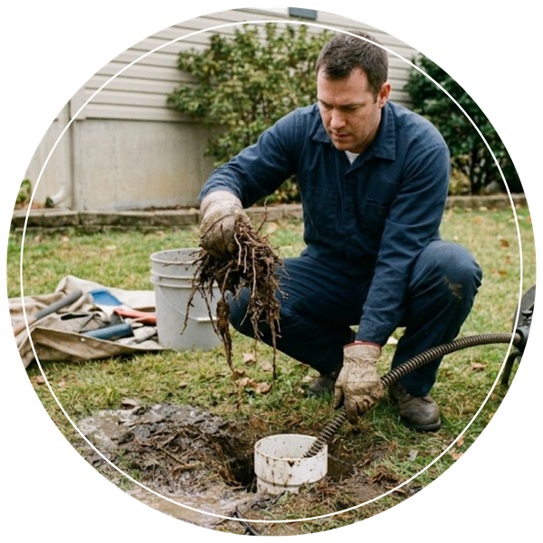 Plumber pulling a large clump of roots out of a residential sewer line cleanout