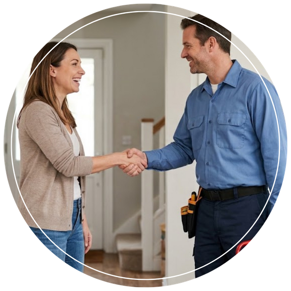 happy homeowner shaking hands with plumber 