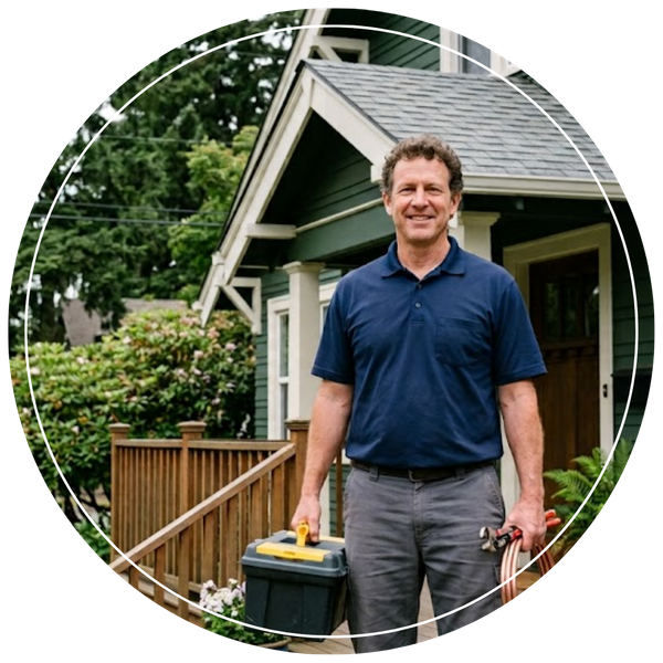 plumber with toolbox outside of home