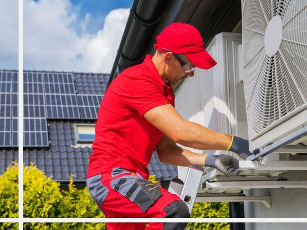 worker performing maintenance on an a/c unit