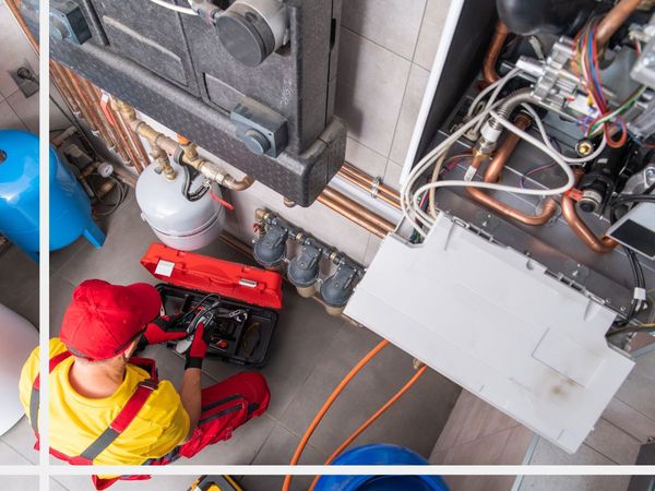 worker performing maintenance on a heating unit