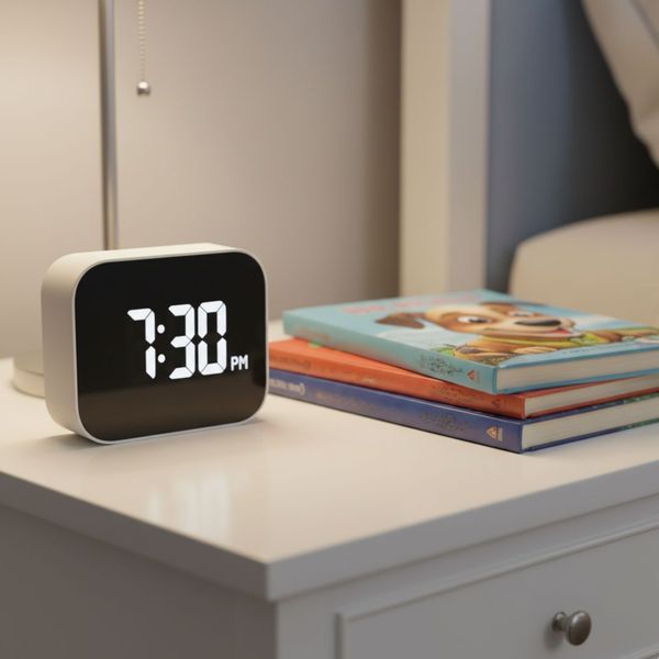 A clock and a stack of children's books on a nightstand, symbolizing a bedtime routine.