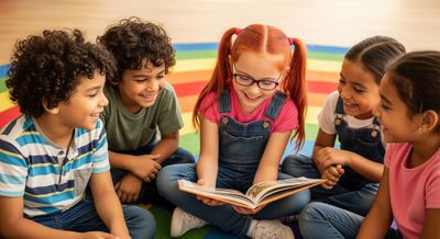 A group of young children laughing together while reading one of the best funny children's books.