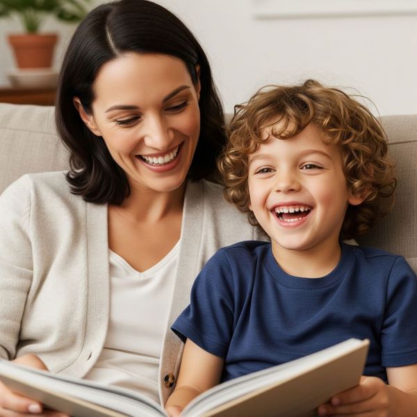 A mother and child bonding and laughing while reading from a funny children's book series. A mother and child bonding and laughing while reading from a funny children's book series.