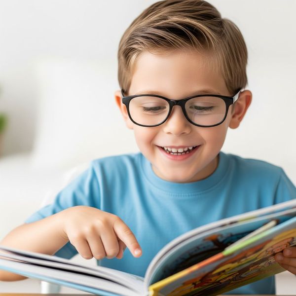 A young boy smiling as he gains reading comprehension from a funny picture book. A young boy smiling as he gains reading comprehension from a funny picture book.