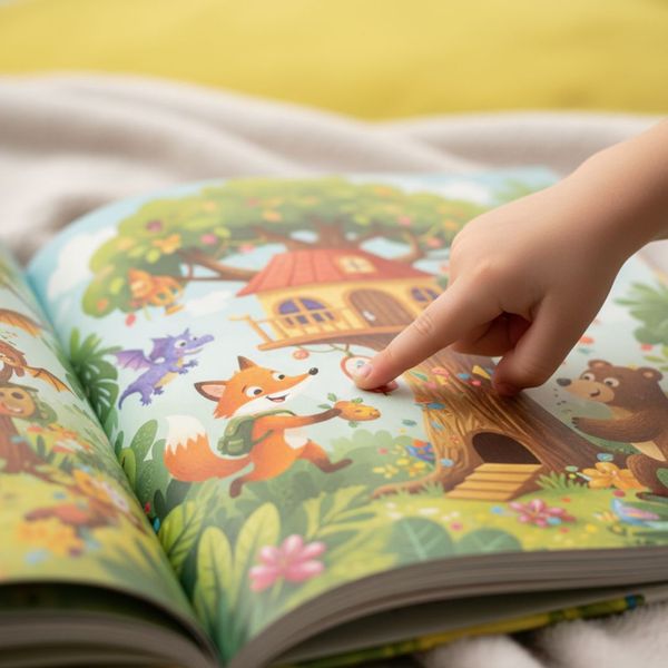 A child's finger points to a colorful illustration in an open storybook.