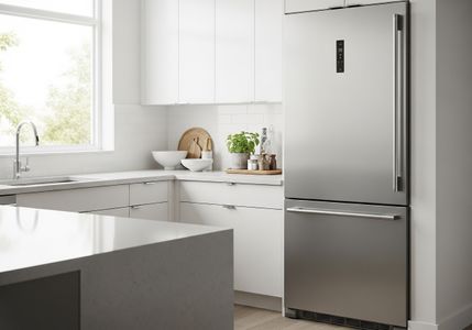 Modern stainless steel freezer in a bright kitchen setting