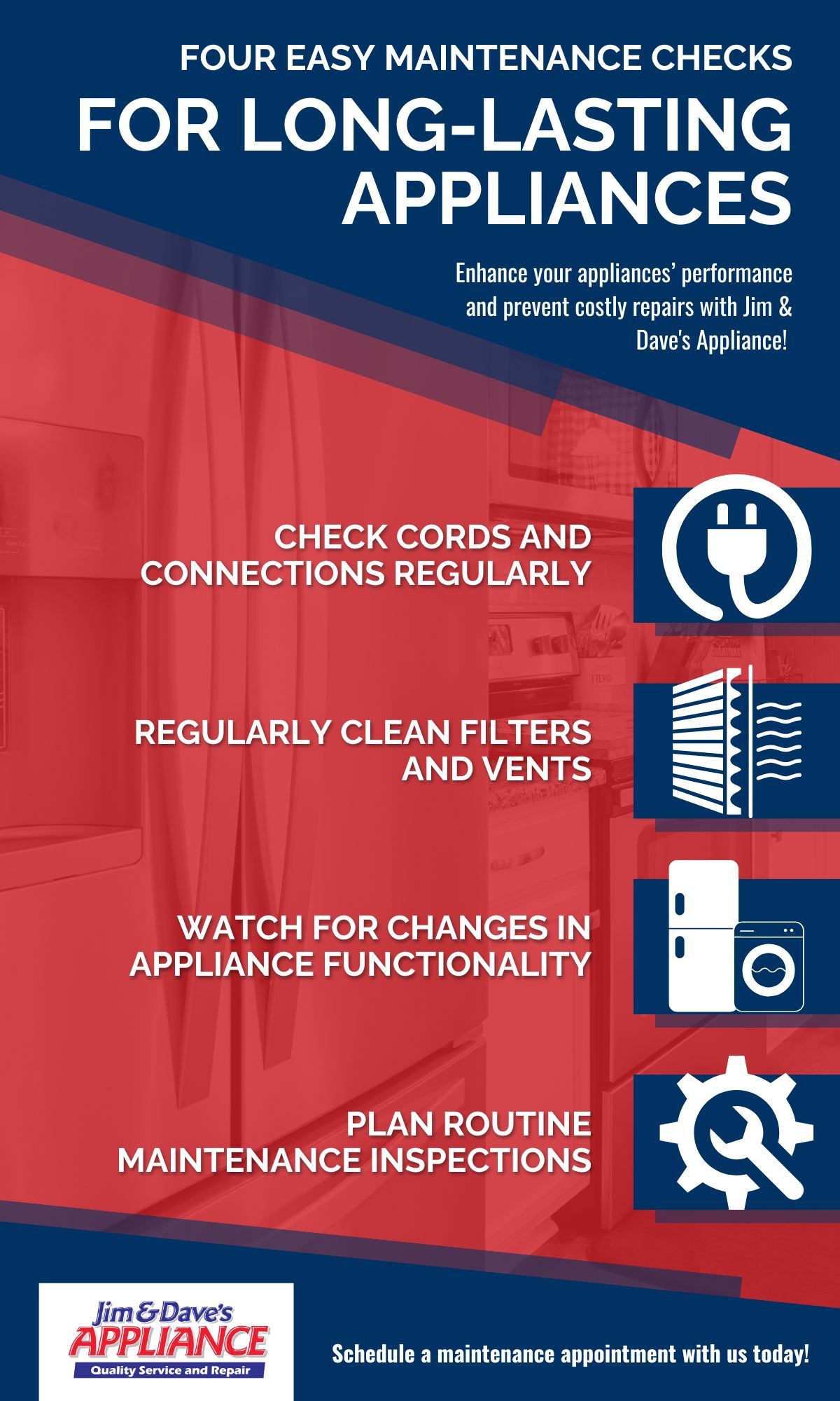 infographic titled four easy maintenance checks for long-lasting appliances