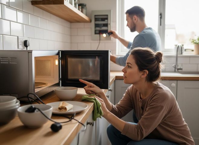 A woman points at an open microwave while a man inspects an electrical panel with a flashlight, suggesting a power outage in their kitchen. Couple dealing with power outage in kitchen