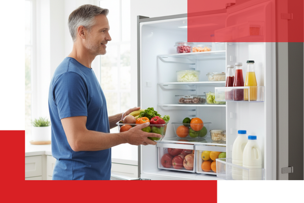 A smiling man in a blue t-shirt stands beside an open, fully stocked refrigerator, holding a clear bowl brimming with fresh fruits and vegetables. A smiling man in a blue t-shirt stands beside an open, fully stocked refrigerator, holding a clear bowl brimming with fresh fruits and vegetables.