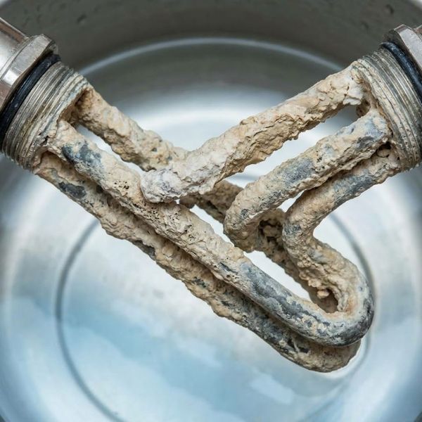 An underwater close-up photograph displays a metal heating element completely covered in thick, white mineral scale