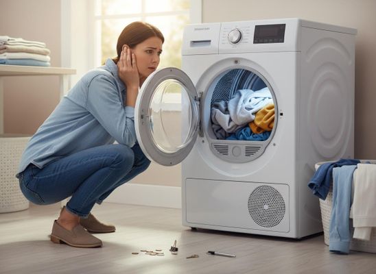 A distressed woman kneels by an open dryer, hands to her head, as scattered coins, a key, and a pen lie on the floor from her laundry. Woman distressed by laundry machine and lost items