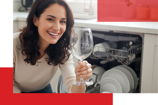A smiling woman holding up a perfectly clean, sparkling wine glass in front of an open dishwasher filled with clean dishes, indicating satisfaction with its performance. The kitchen is well-lit and modern. A smiling woman holding up a perfectly clean, sparkling wine glass in front of an open dishwasher filled with clean dishes, indicating satisfaction with its performance. The kitchen is well-lit and modern.