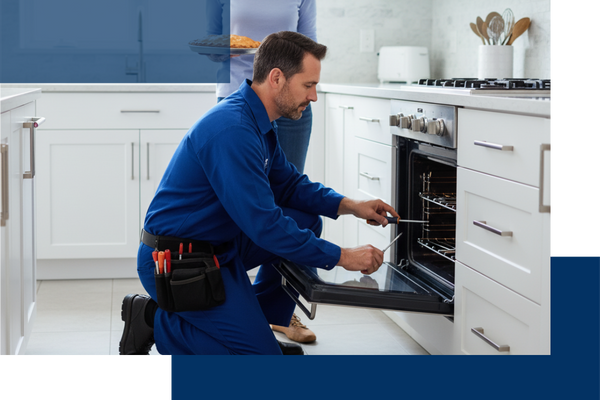 A male appliance technician in a blue jumpsuit crouches, using tools to inspect the interior of an open kitchen oven, while a person holding a pie stands in the background. A male appliance technician in a blue jumpsuit crouches, using tools to inspect the interior of an open kitchen oven, while a person holding a pie stands in the background.