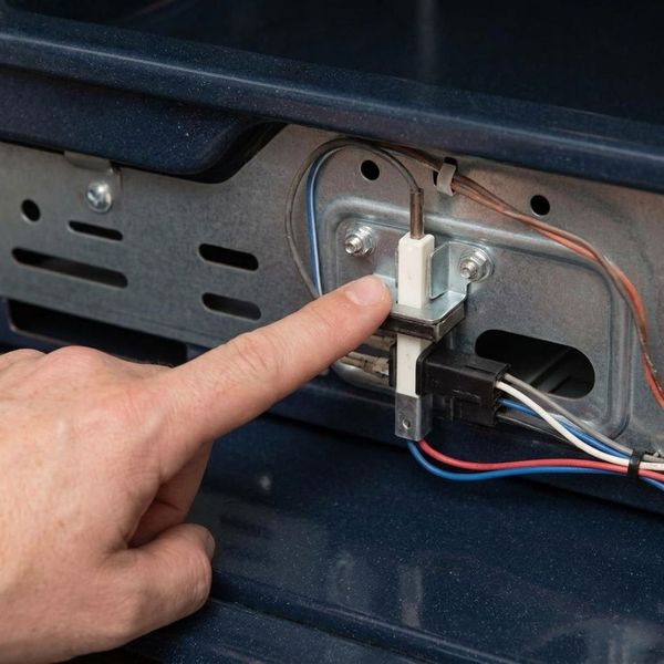 A repairman inspecting the wiring of an oven