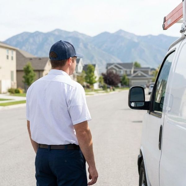 A technician looking up at a mountain landscape near a town A technician looking up at a mountain landscape near a town