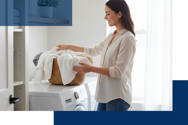 A smiling woman in a light-colored shirt is putting neatly folded white towels into a wicker laundry basket on top of a washing machine in a bright laundry room.