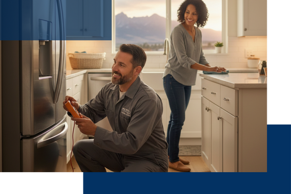 A male appliance technician in a grey uniform smiles as he uses a multimeter to test a stainless steel refrigerator A male appliance technician in a grey uniform smiles as he uses a multimeter to test a stainless steel refrigerator